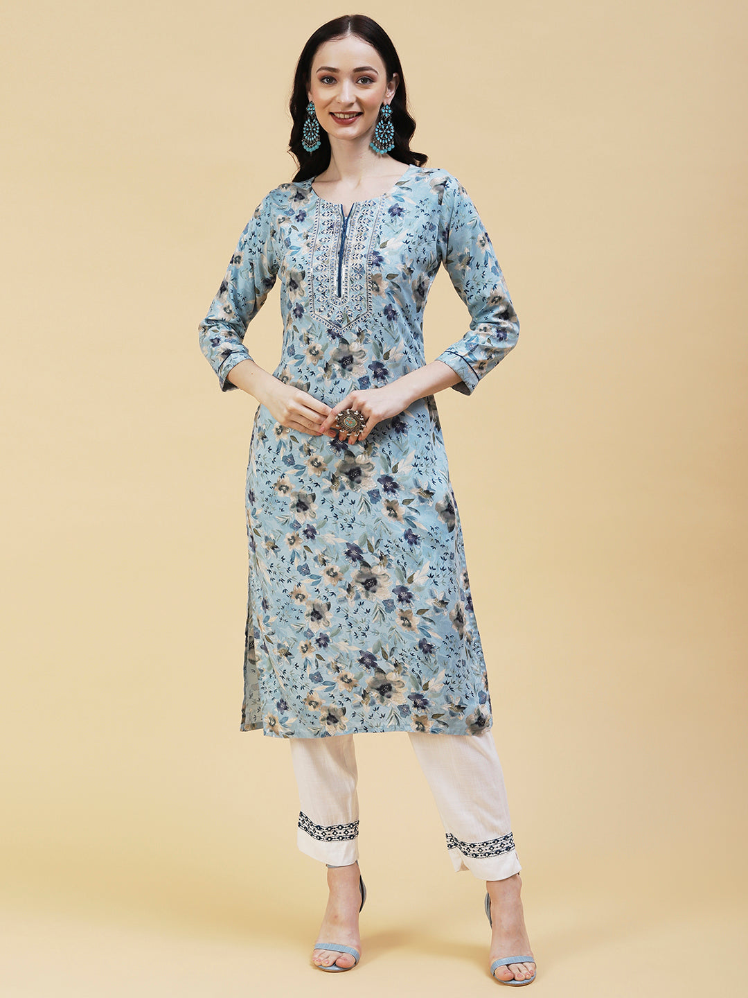 Floral Foil Printed Resham & Sequins Embroidered Kurta - Sky Blue