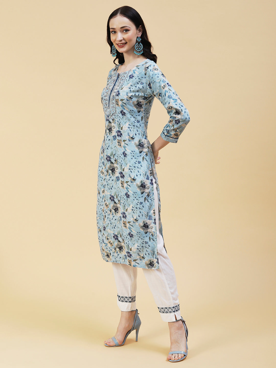 Floral Foil Printed Resham & Sequins Embroidered Kurta - Sky Blue