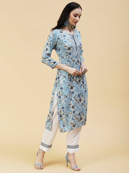 Floral Foil Printed Resham & Sequins Embroidered Kurta - Sky Blue