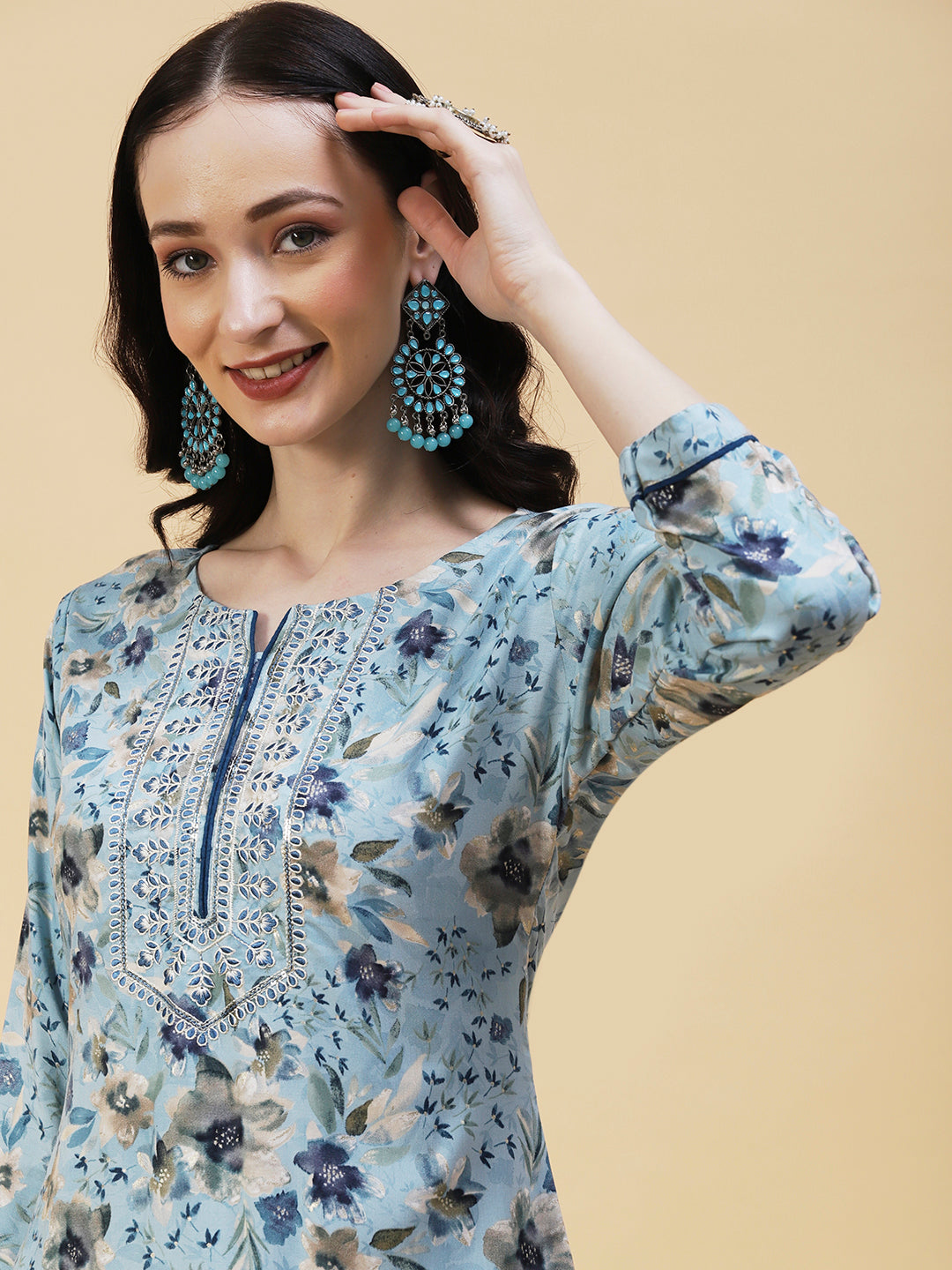 Floral Foil Printed Resham & Sequins Embroidered Kurta - Sky Blue