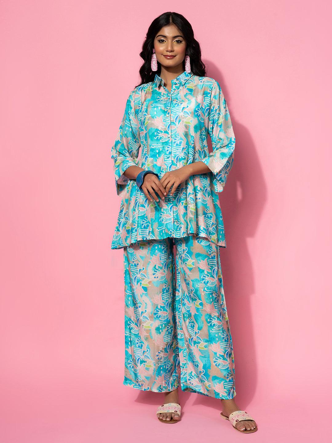 Blue Printed Silk Blend Co-Ords1