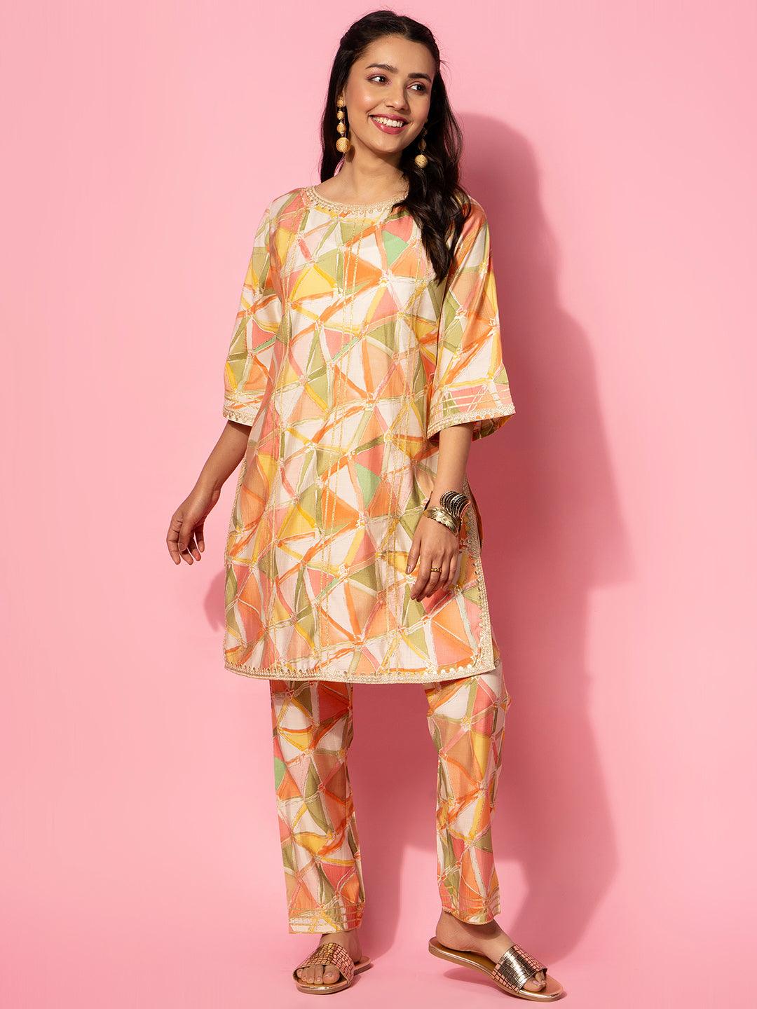 Peach Printed Silk Blend Co-Ords