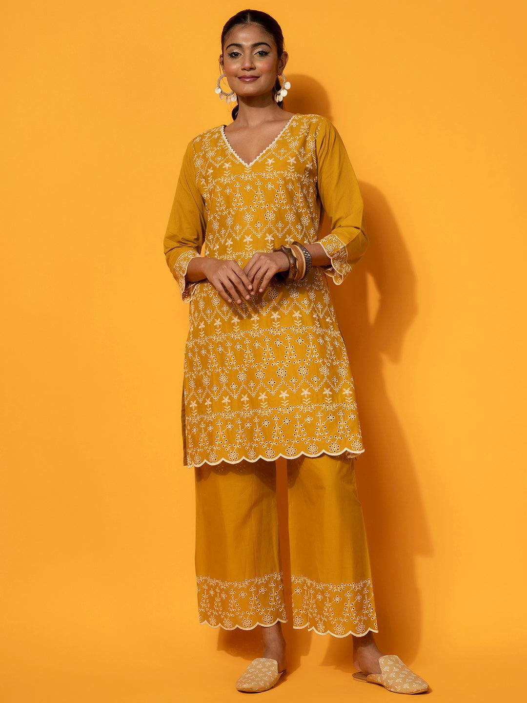 Mustard Embroidered Cotton Co-Ords