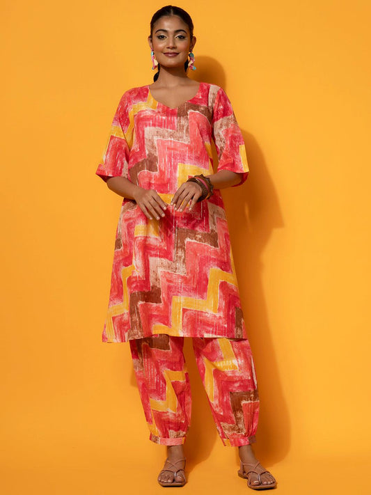 Coral Printed Silk Blend Tunic With Palazzos