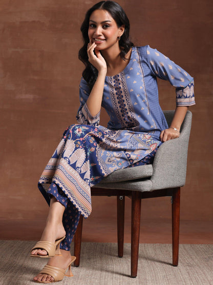 Blue Printed Crepe Straight Kurta Set