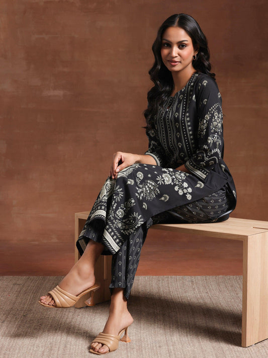 Black Printed Crepe Straight Kurta Set