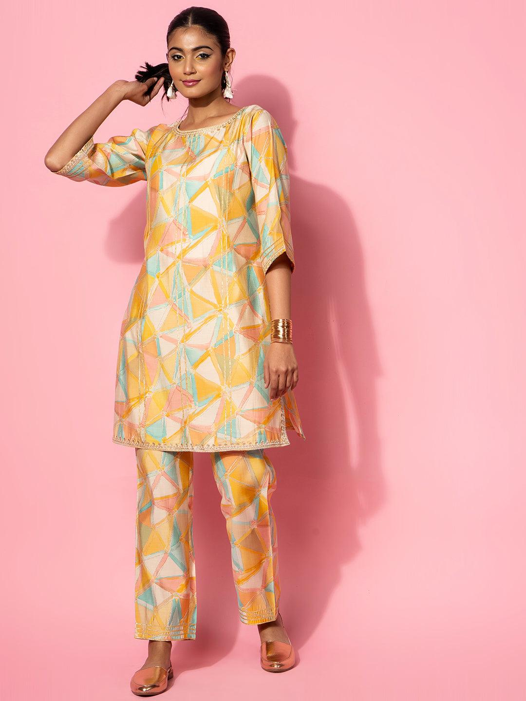 Yellow Printed Silk Blend Co-Ords