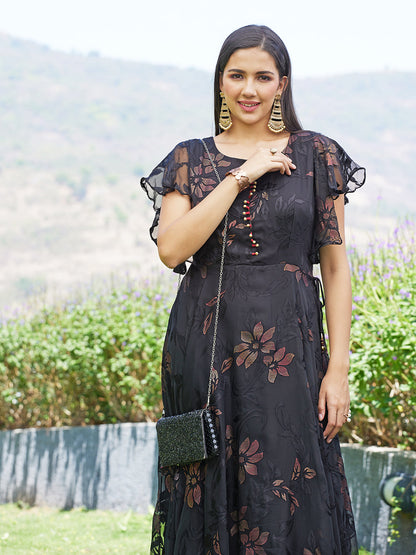 Floral Printed Flared Maxi Dress - Black