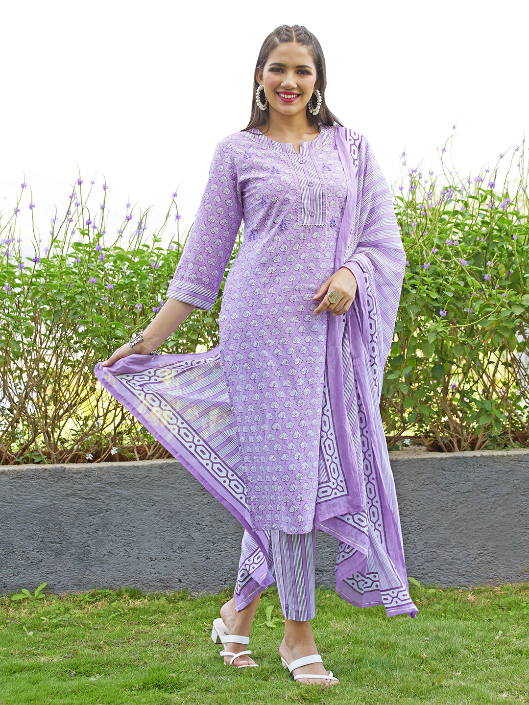 Floral Printed & Embroidered Straight Kurta with Pants and Dupatta - Lavender