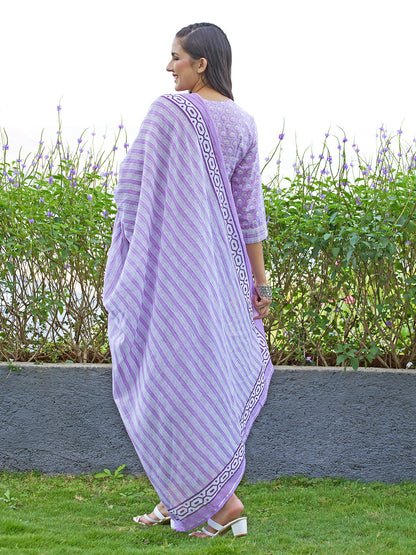 Floral Printed & Embroidered Straight Kurta with Pants and Dupatta - Lavender