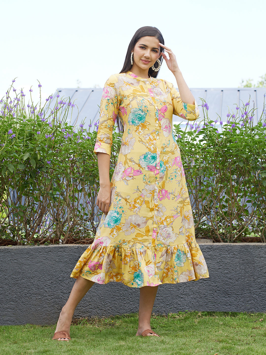 Abstract Floral Printed A-Line Midi Dress - Yellow