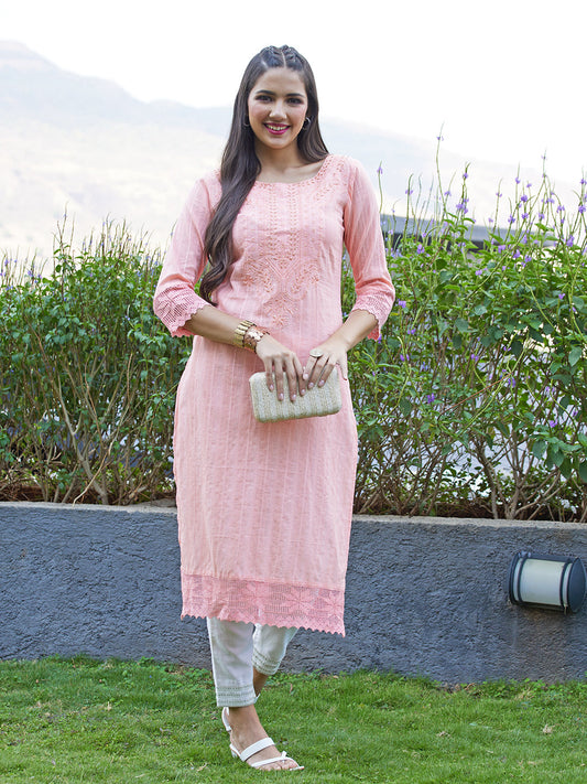 Ethnic Hand Embroidered Straight Fit Kurta - Peach