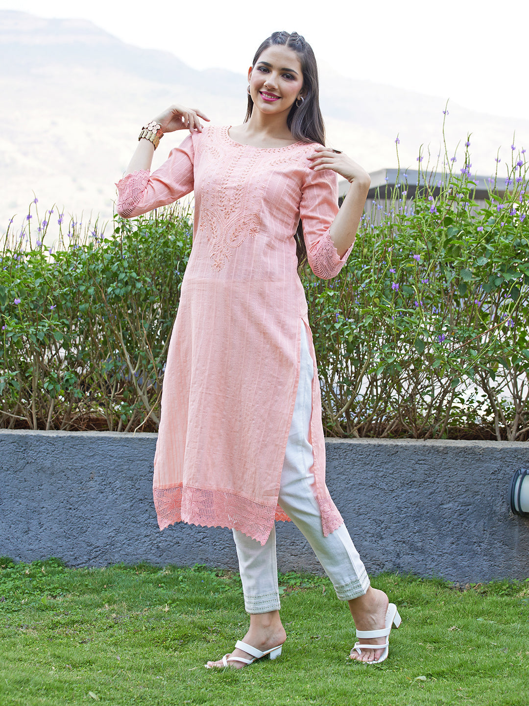 Ethnic Hand Embroidered Straight Fit Kurta - Peach