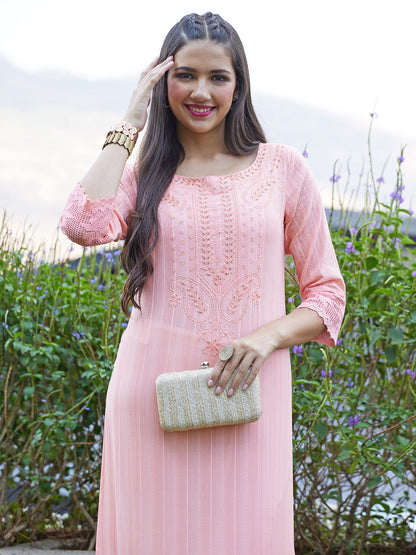 Ethnic Hand Embroidered Straight Fit Kurta - Peach