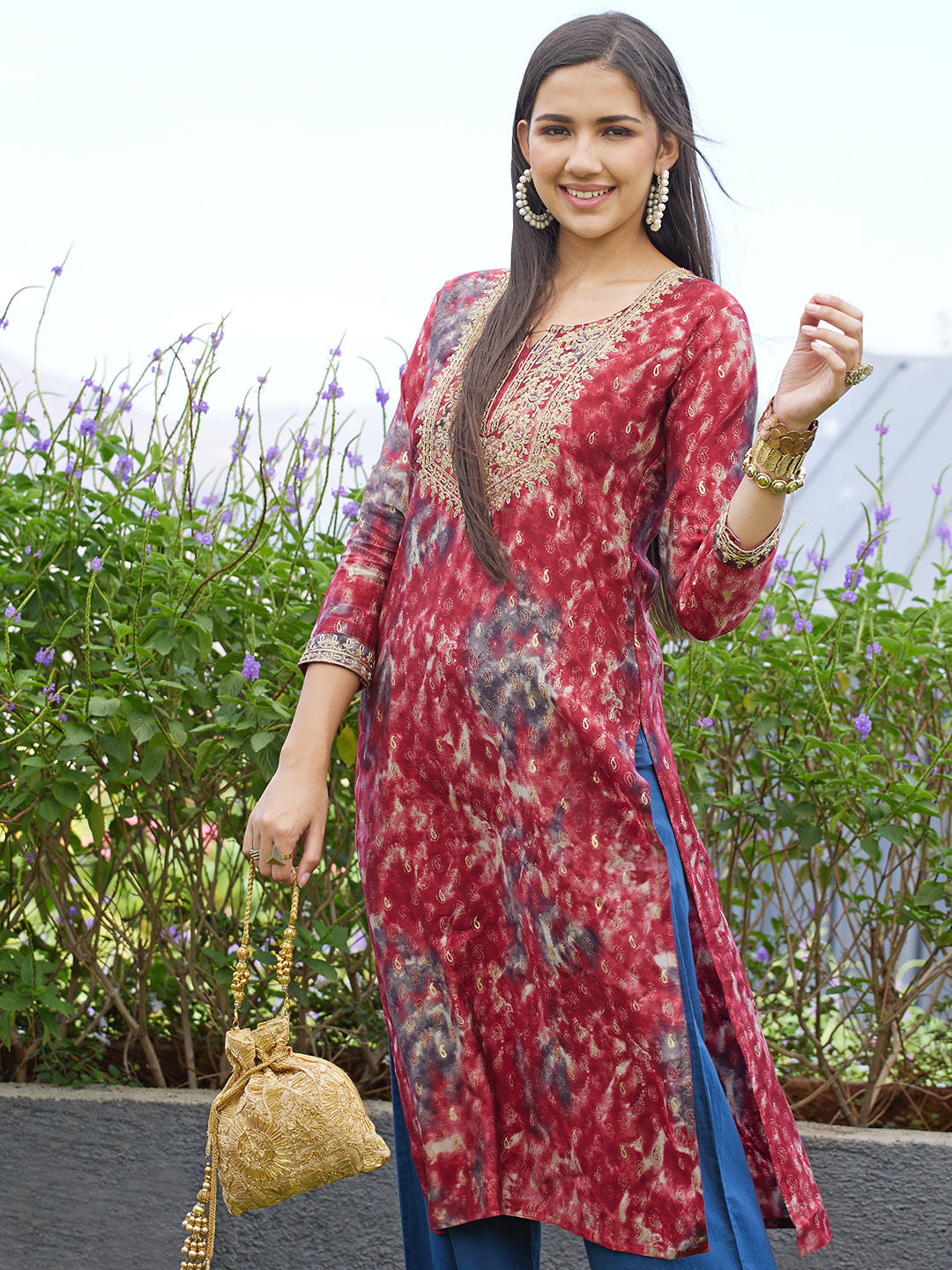 Ethnic Printed & Embroidered Straight Fit Kurta - Maroon