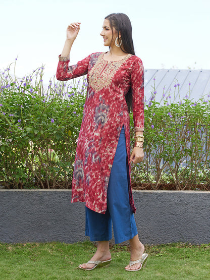 Ethnic Printed & Embroidered Straight Fit Kurta - Maroon