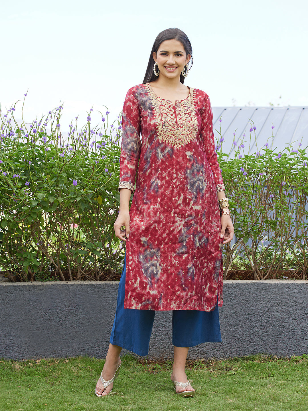 Ethnic Printed & Embroidered Straight Fit Kurta - Maroon