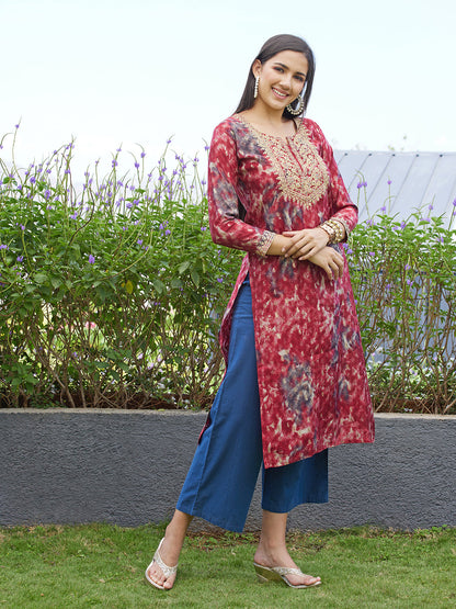 Ethnic Printed & Embroidered Straight Fit Kurta - Maroon