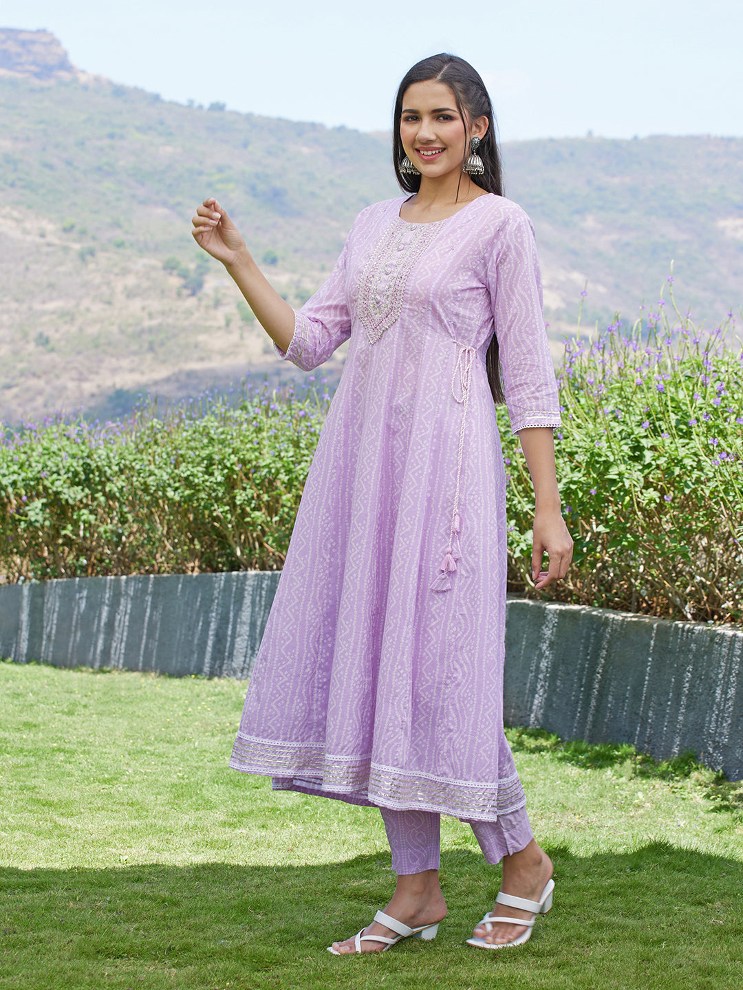 Bandhani Printed & Embroidered Anarkali Kurta with Pants & Dupatta - Light Purple