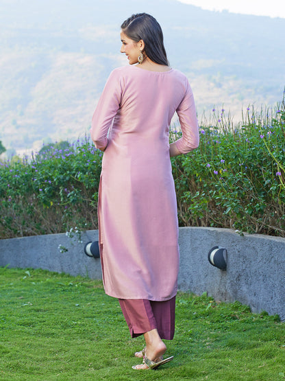 Ethnic Embroidered Kurta with Pant - Rose Pink