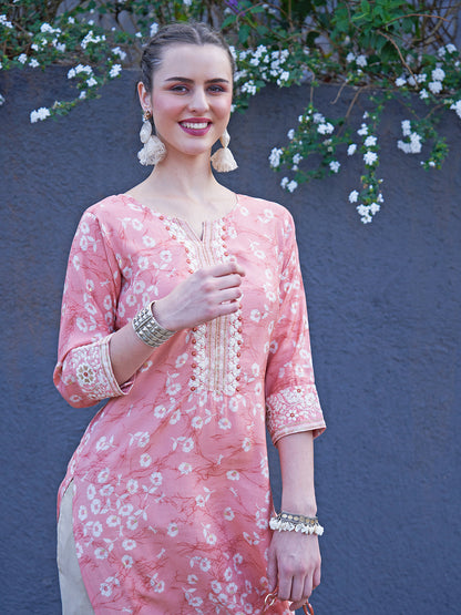 Floral Printed & Zari Embroidered Straight Fit Kurta - Light Coral Pink