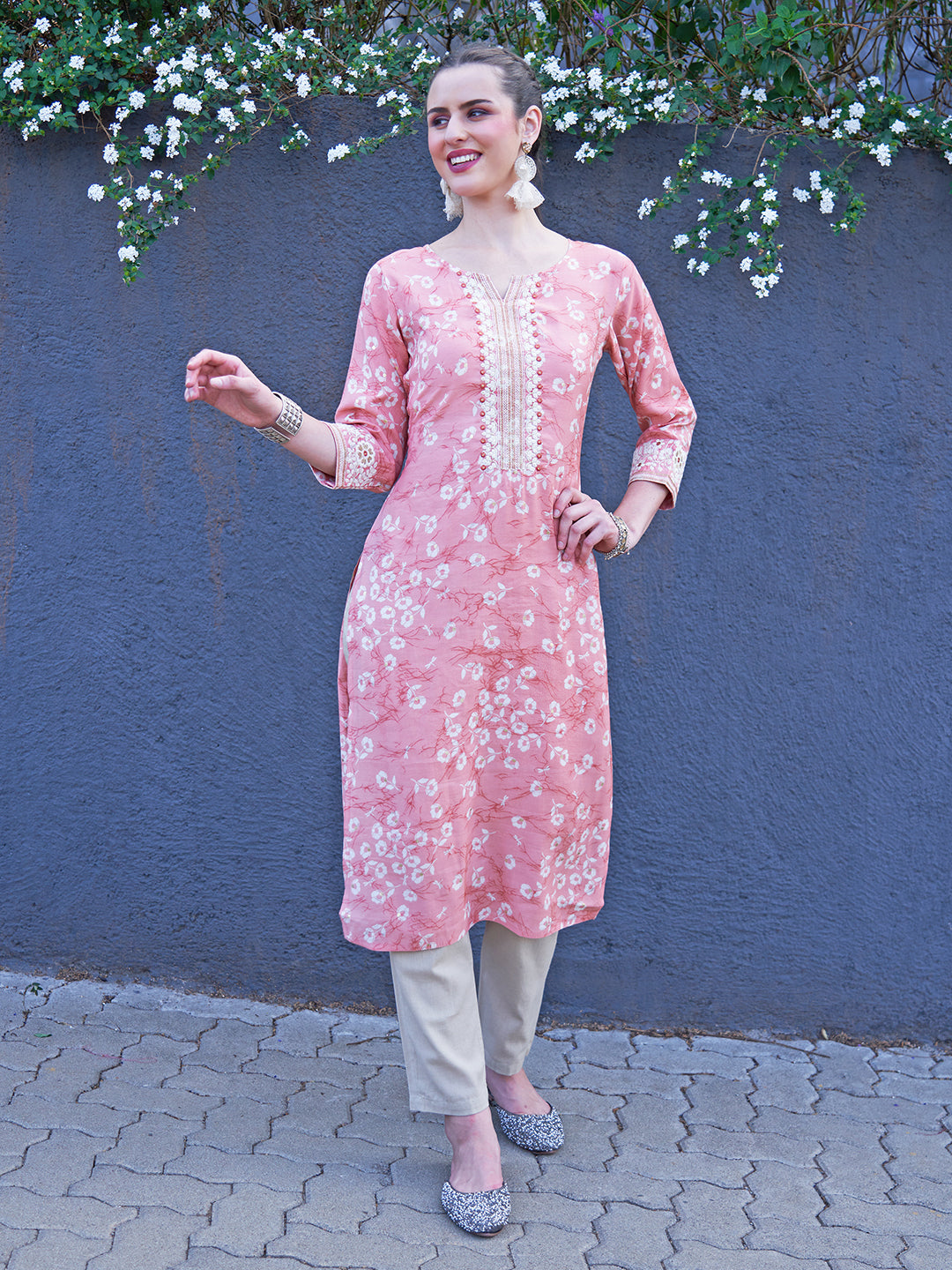 Floral Printed & Zari Embroidered Straight Fit Kurta - Light Coral Pink