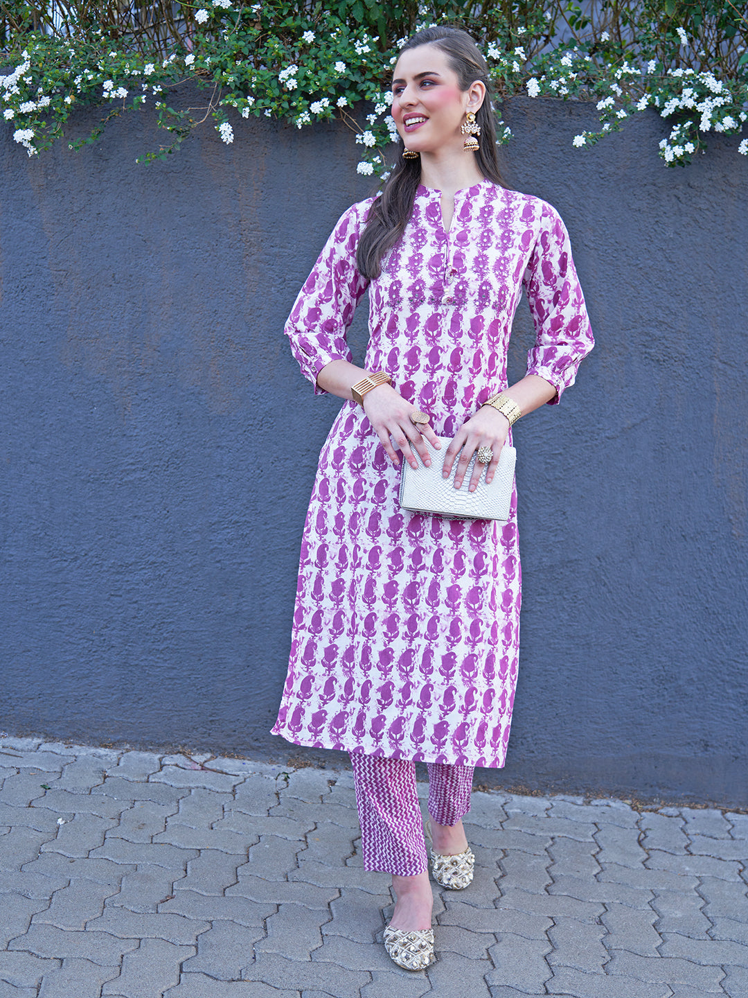 Ethnic Printed & Embroidered Straight Fit Kurta with Pants - Purple