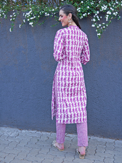 Ethnic Printed & Embroidered Straight Fit Kurta with Pants - Purple