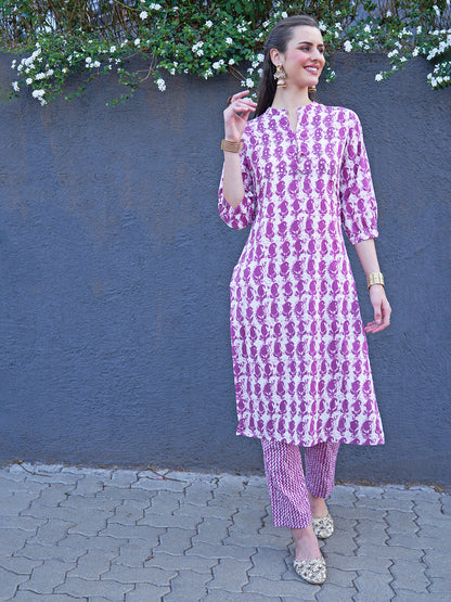 Ethnic Printed & Embroidered Straight Fit Kurta with Pants - Purple