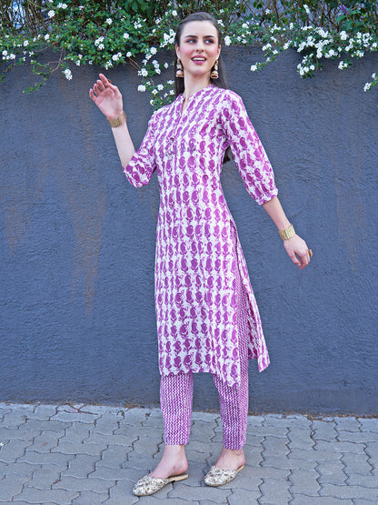 Ethnic Printed & Embroidered Straight Fit Kurta with Pants - Purple