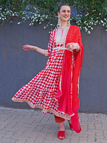 Ethnic Printed & Embroidered A-Line Kurta with Pants & Dupatta - Multi