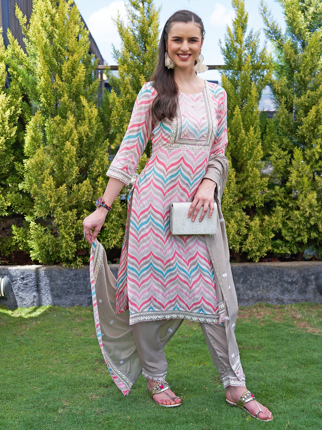 Ethnic Printed & Embroidered Straight Kurta with Pants & Dupatta - Multi