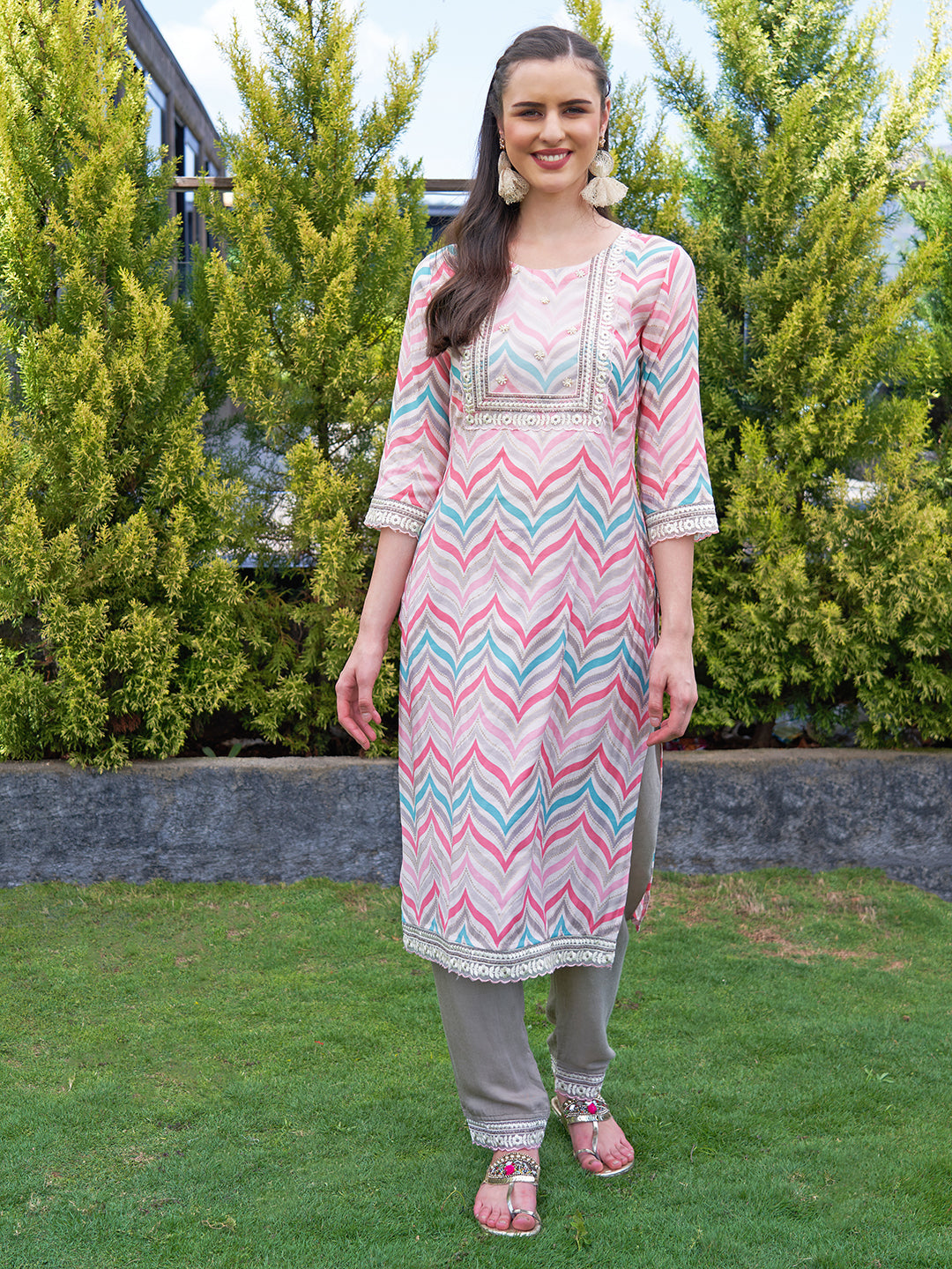 Ethnic Printed & Embroidered Straight Kurta with Pants & Dupatta - Multi