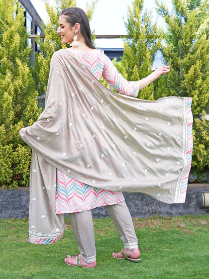 Ethnic Printed & Embroidered Straight Kurta with Pants & Dupatta - Multi