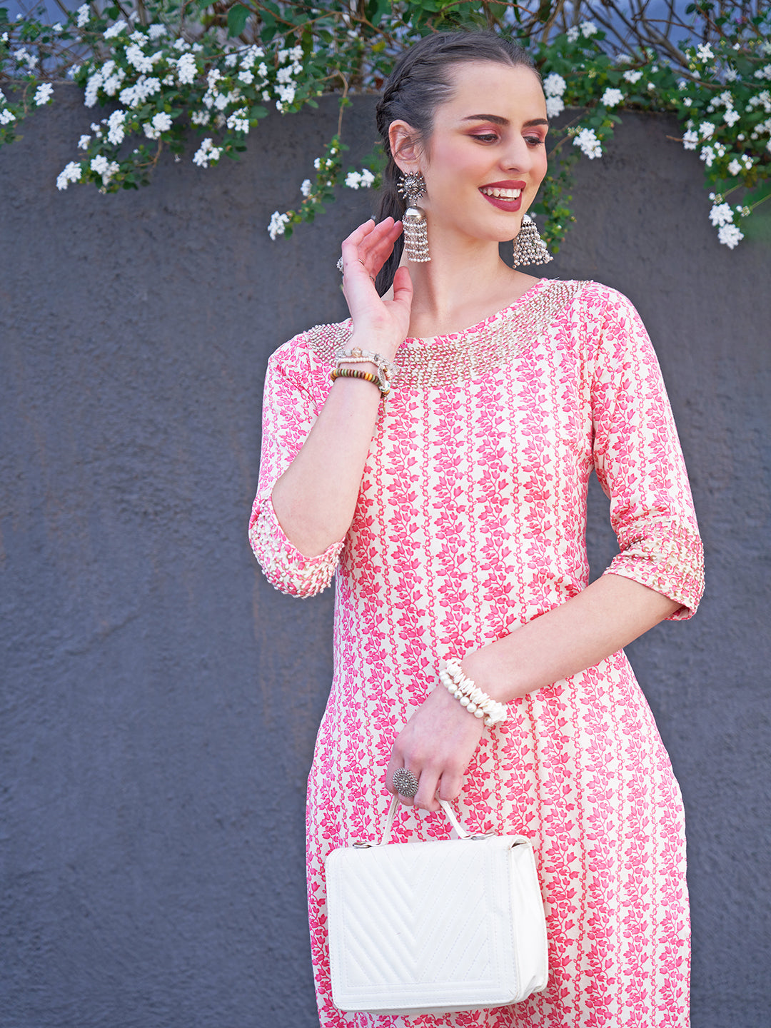 Floral Printed & Hand Embroidered Straight Fit Kurta - Pink