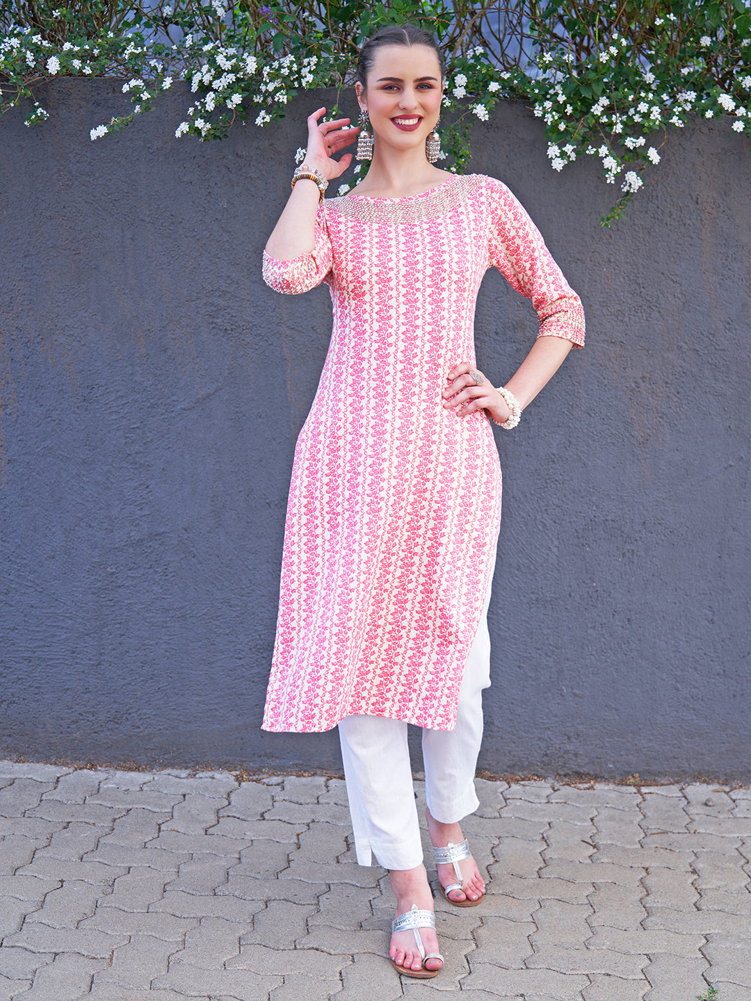 Floral Printed & Hand Embroidered Straight Fit Kurta - Pink