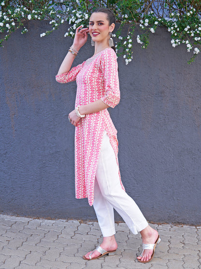 Floral Printed & Hand Embroidered Straight Fit Kurta - Pink