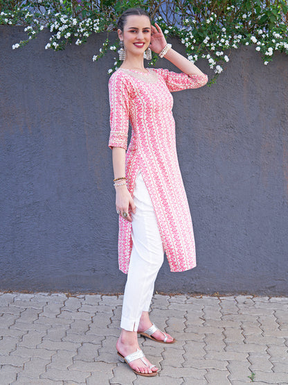 Floral Printed & Hand Embroidered Straight Fit Kurta - Pink