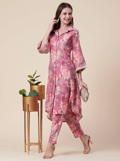 Abstract Floral Foil Printed A-Line Paneled Kurta with Pant - Mauve