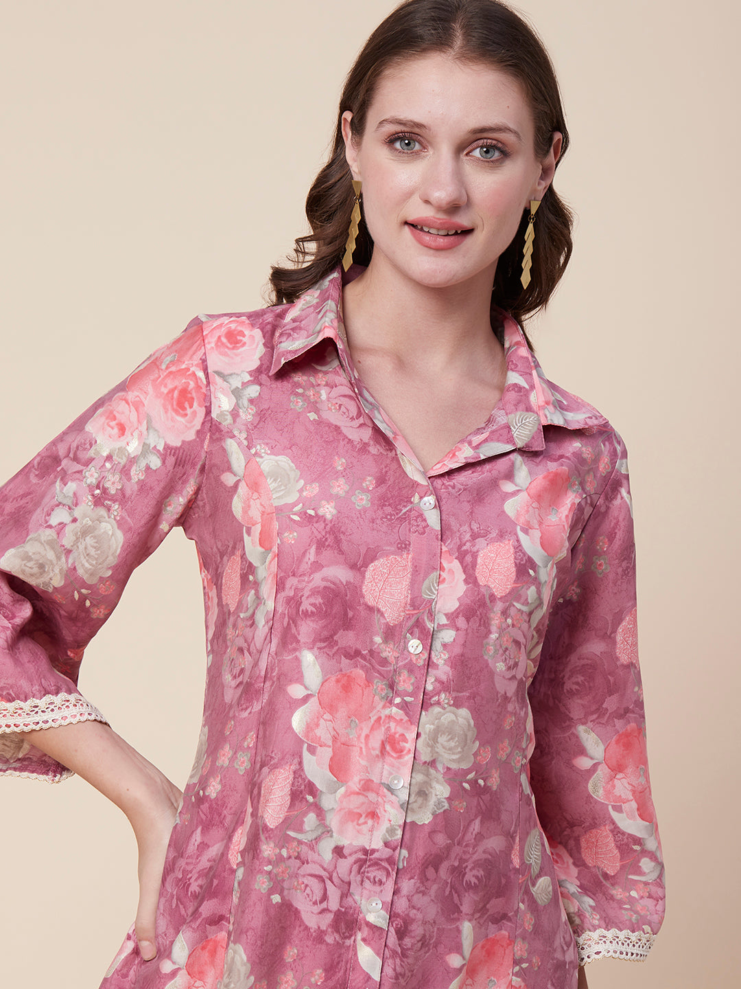 Abstract Floral Foil Printed A-Line Paneled Kurta with Pant - Mauve