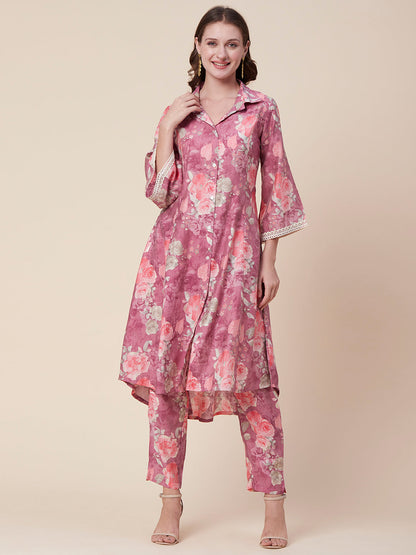 Abstract Floral Foil Printed A-Line Paneled Kurta with Pant - Mauve