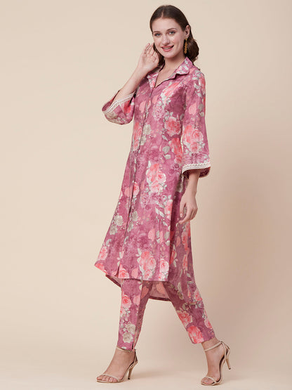 Abstract Floral Foil Printed A-Line Paneled Kurta with Pant - Mauve