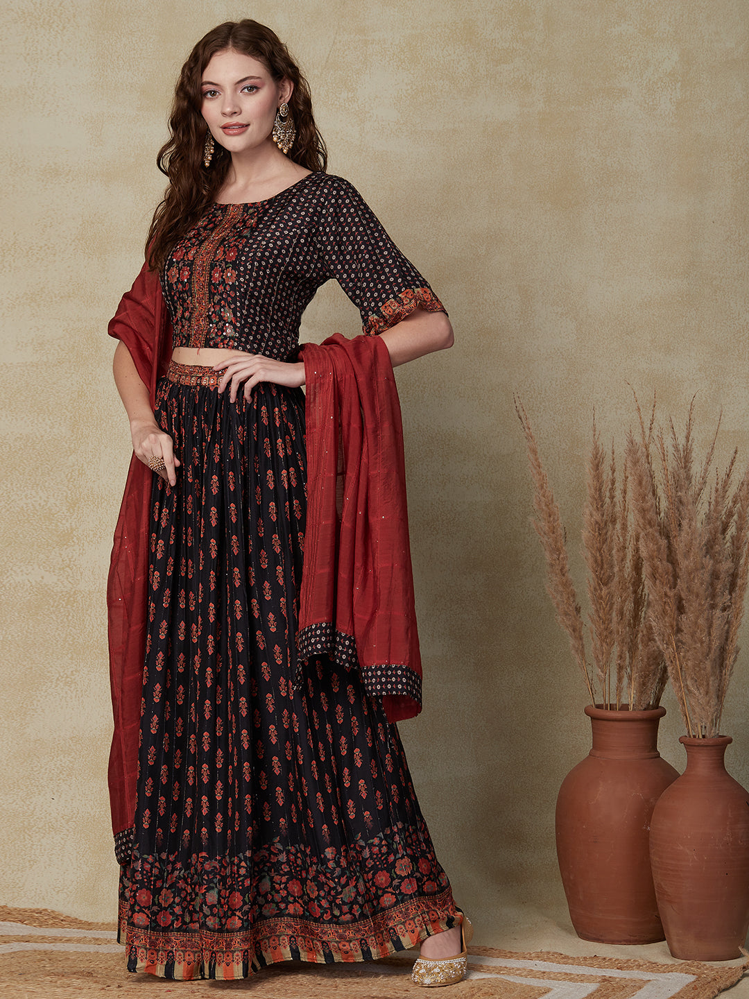 Ethnic Printed Hand Embroidered Crop Top with Woven sequins Stripoed Skirt & Dupatta - Black