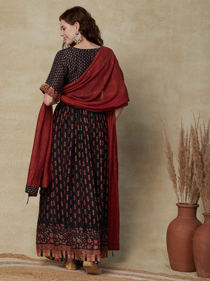 Ethnic Printed Hand Embroidered Crop Top with Woven sequins Stripoed Skirt & Dupatta - Black