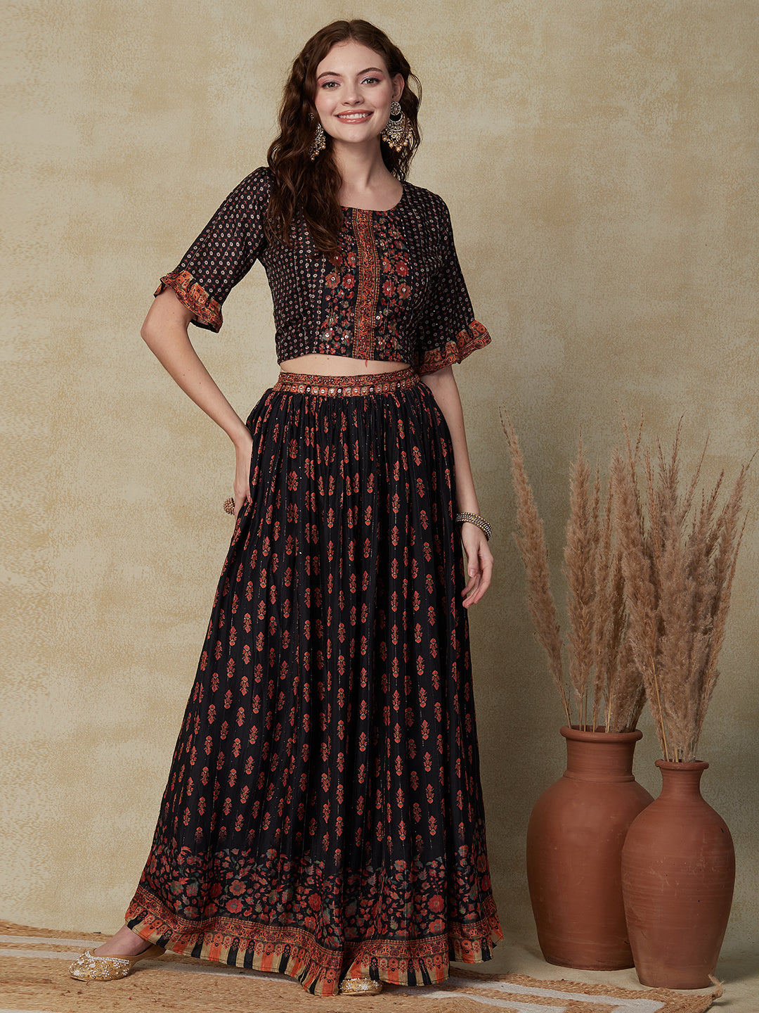 Ethnic Printed Hand Embroidered Crop Top with Woven sequins Stripoed Skirt & Dupatta - Black