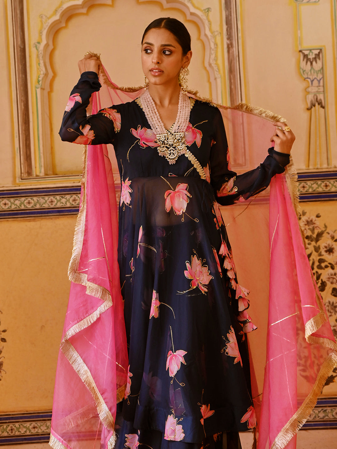 Lotus Foil Hand Painted & Embroidered Flared Kurta with Palazzo & Dupatta - Navy Blue