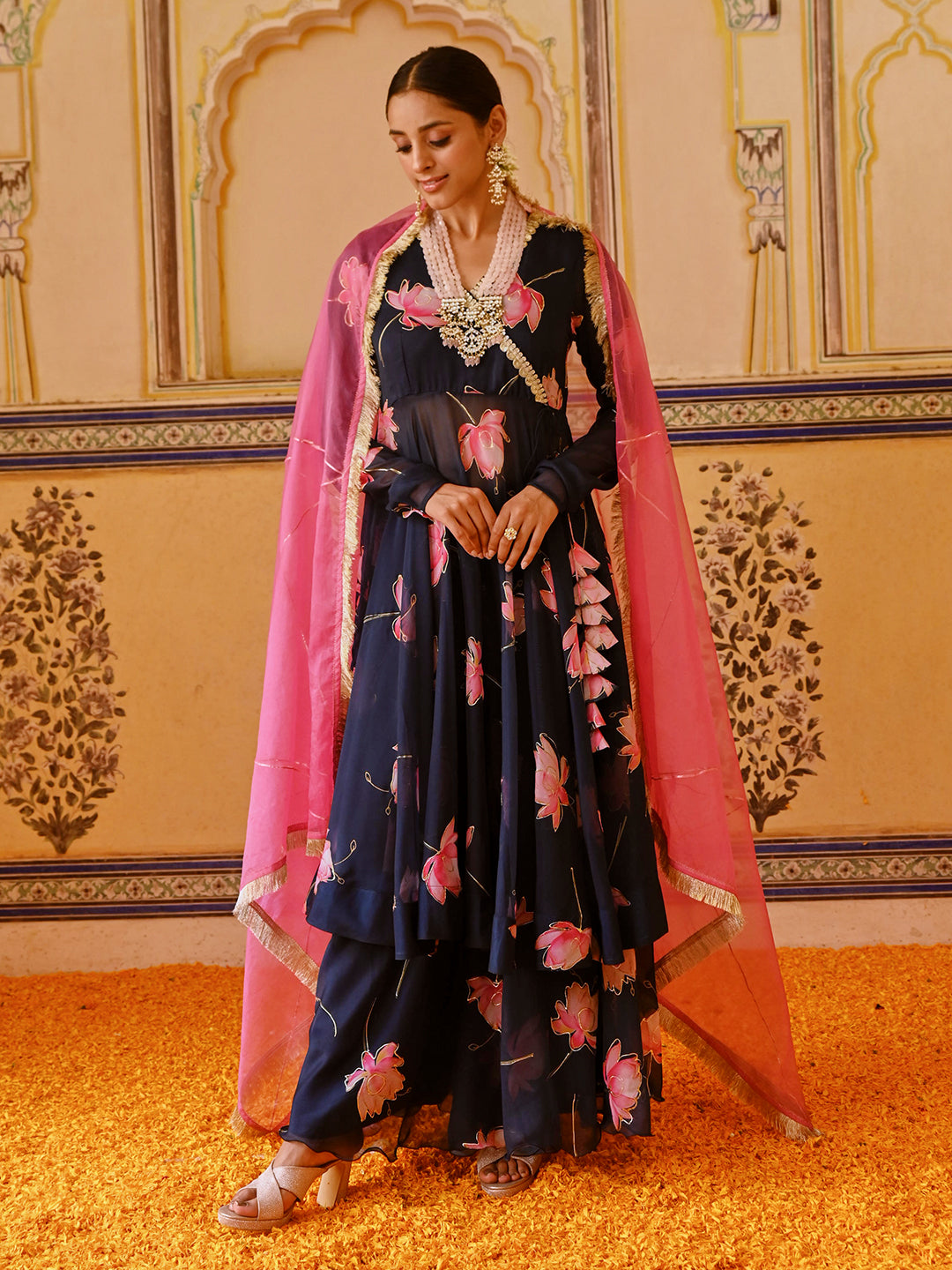 Lotus Foil Hand Painted & Embroidered Flared Kurta with Palazzo & Dupatta - Navy Blue