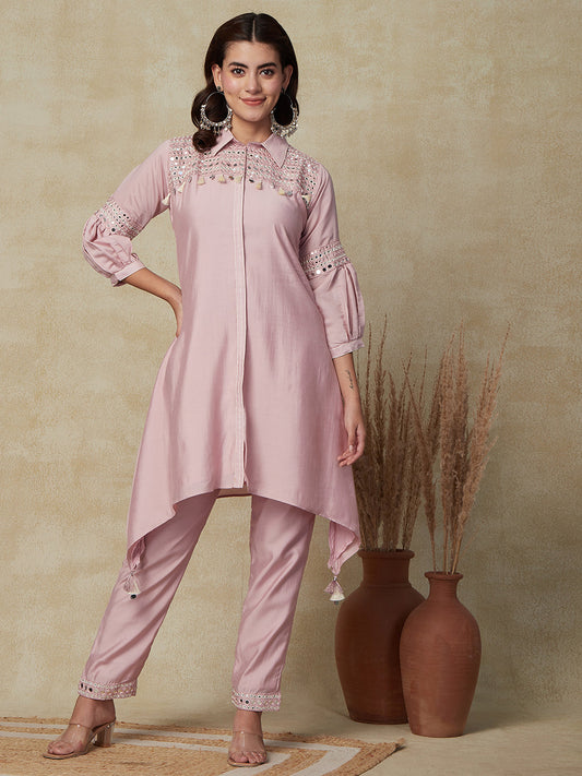 Solid Mirror Work Embroidered A-Line Kurta with Pant - Pink