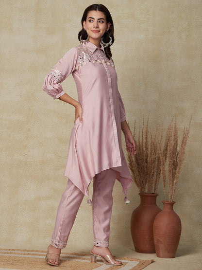 Solid Mirror Work Embroidered A-Line Kurta with Pant - Pink