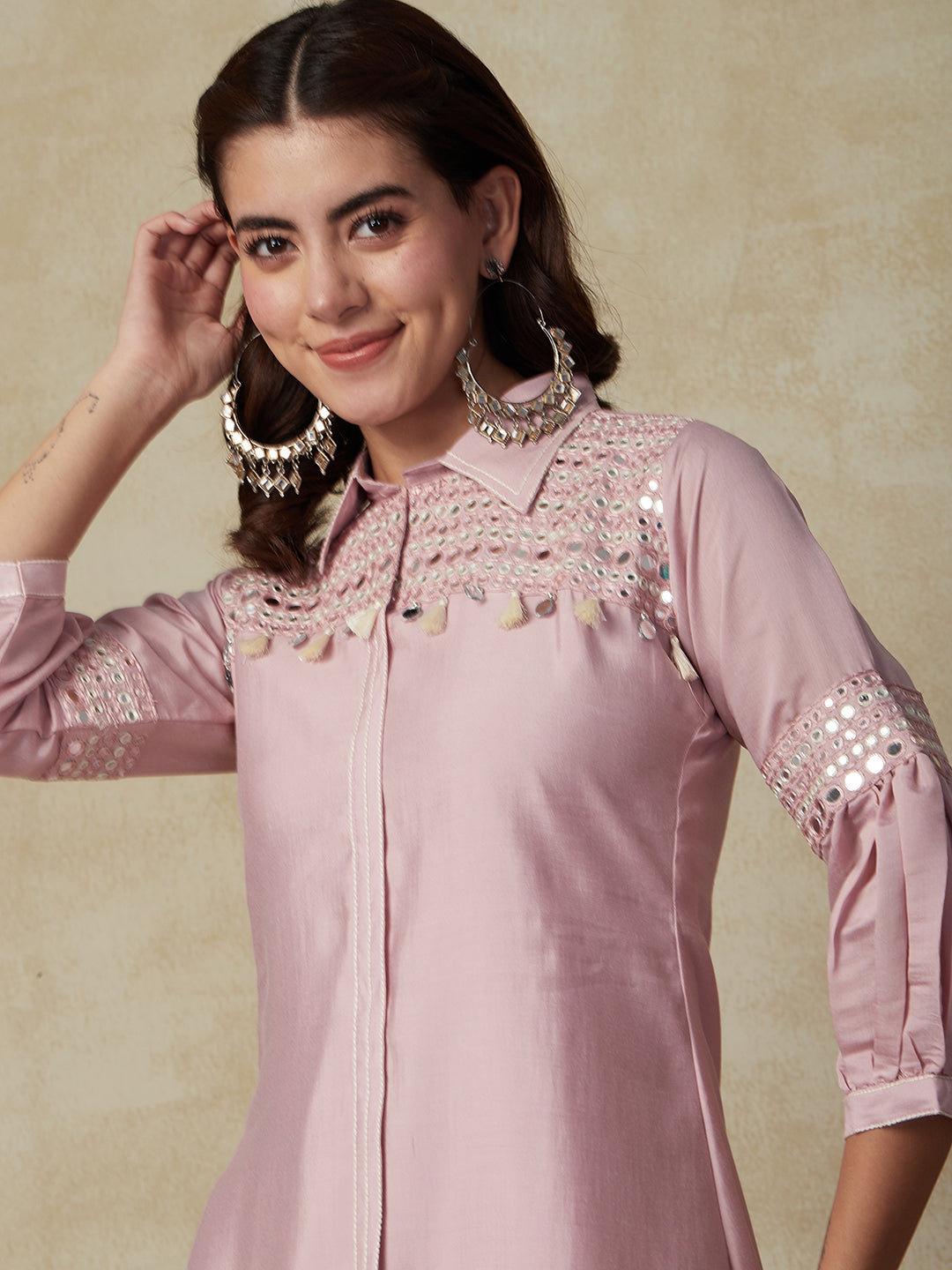 Solid Mirror Work Embroidered A-Line Kurta with Pant - Pink